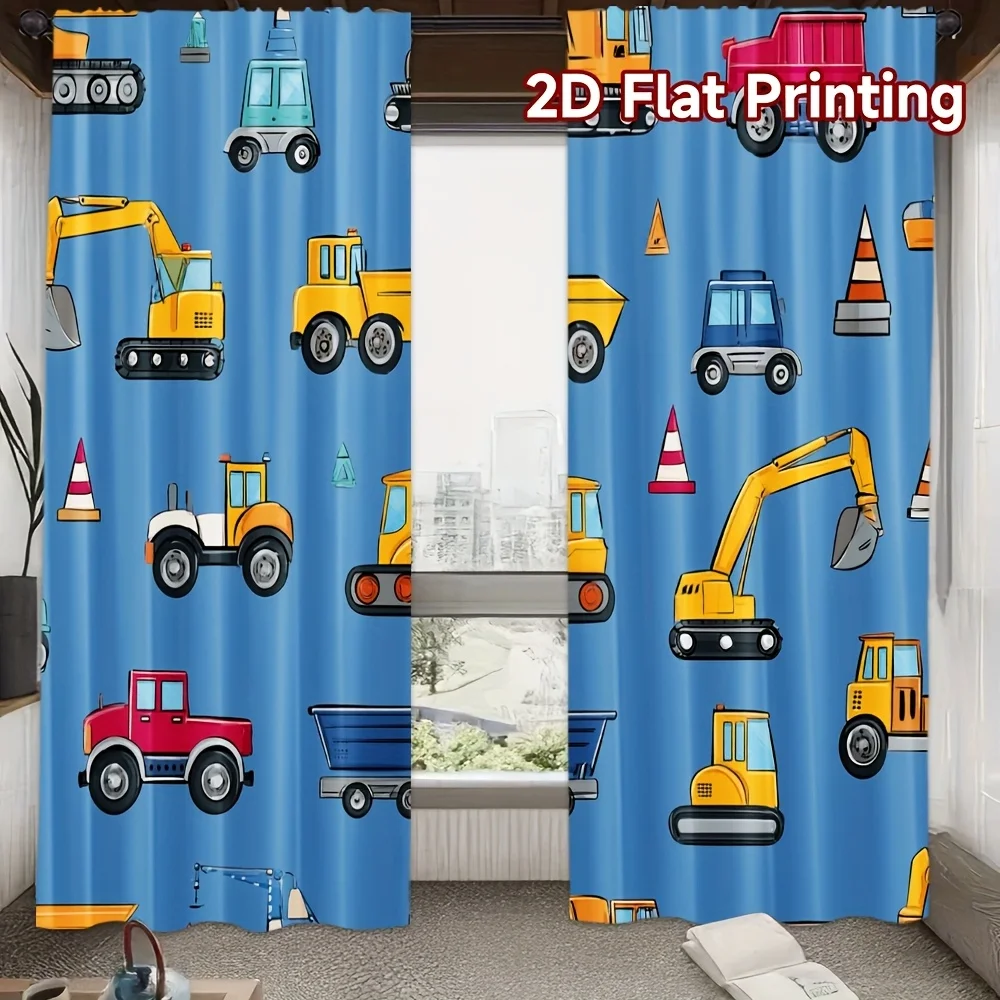 Kids Construction Vehicle Curtains Nursery Playroom Decor Cartoon Excavator Dump Truck Window Drapes for Boy Girl Room