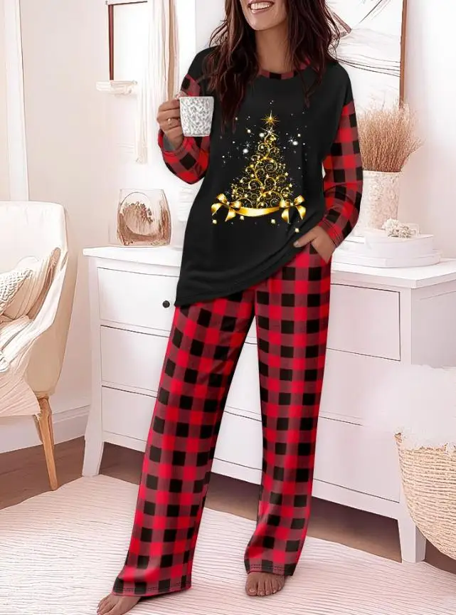 Conjunto feminino de Natal com gola redonda e estampa xadrez emendada com estampa de árvore de Natal, top de manga comprida e calças de perna reta