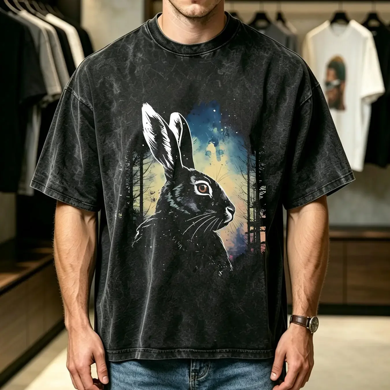 washed T Shirt Rabbit Bunny s lover Animal Silhouette tee Forest long or short sleeves vintage Washed Slightly Casual Stylish