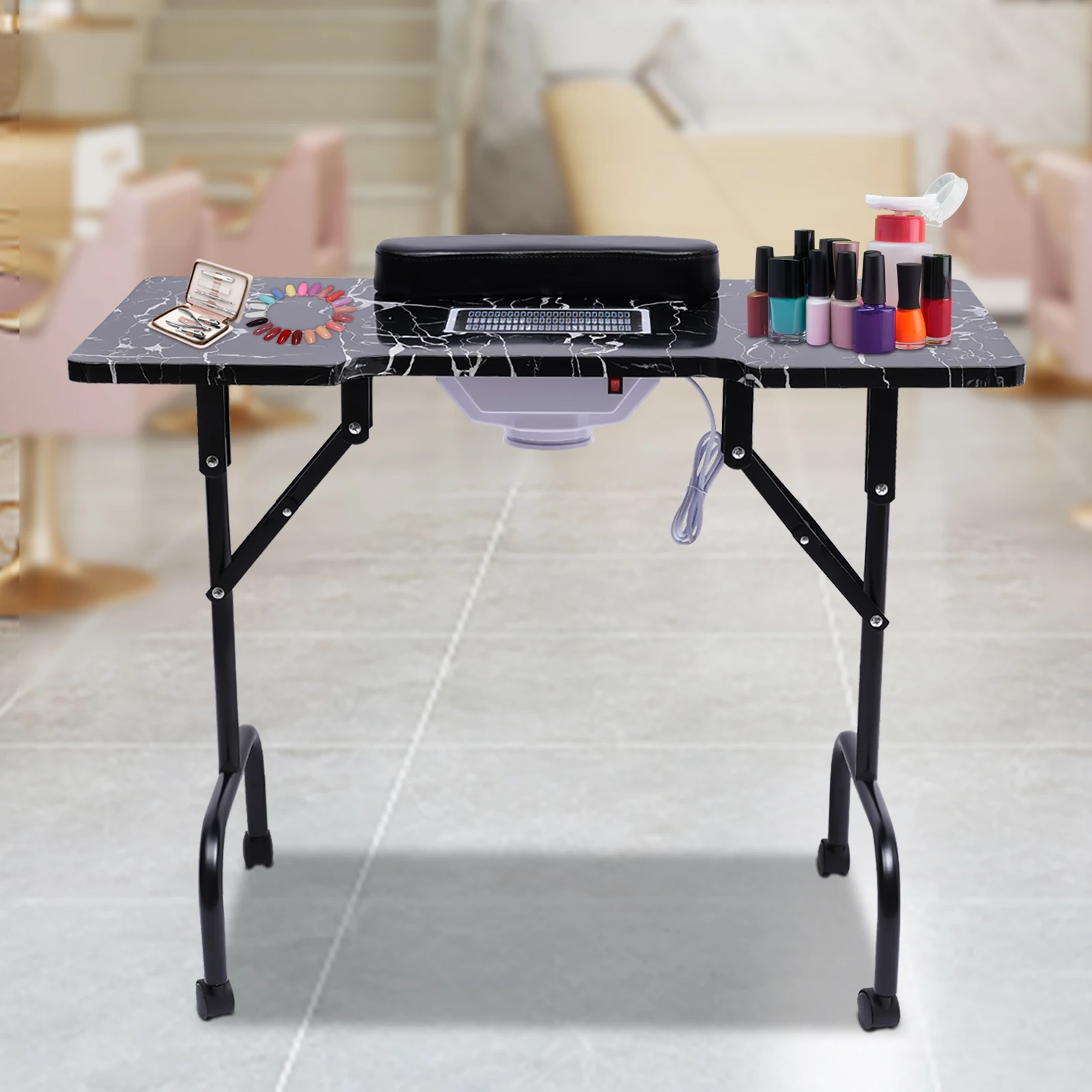 Foldable Manicure Table with 4 Universal Wheel and Dust Collection Function Nail Table Storage Desk