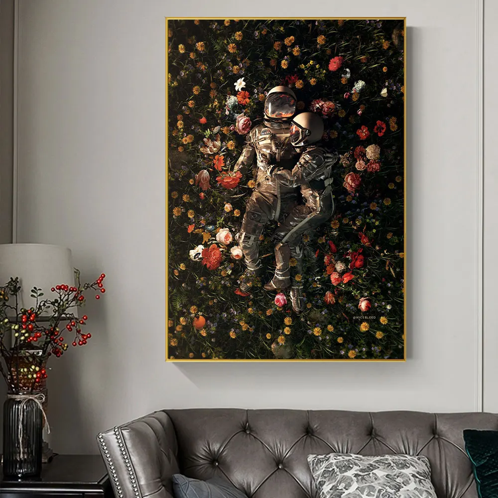 Modern Astronaut Space Flower Poster Print Wall Picture Abstract Romantic Lovers Artwork Canvas Painting For Home Decor Cuadros