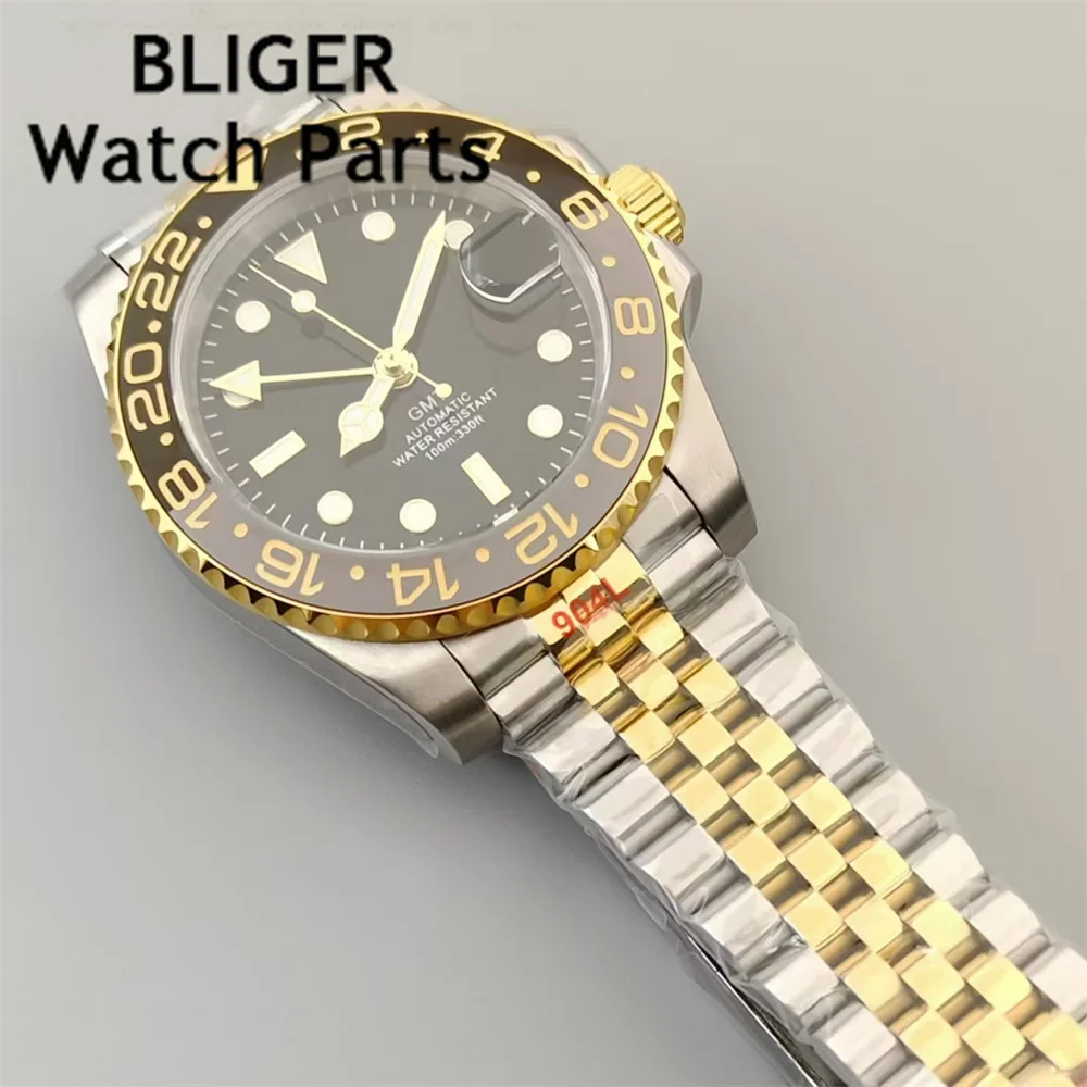 BLIGER NH34A 100M Waterproof 40mm Gold GMT Function NH34 GMT Automatic Men Watch Steel Bracelet Sapphire Glass Green Luminous