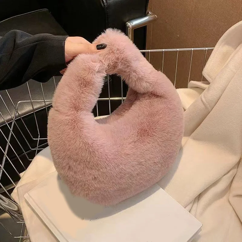 Solid Color Plush Dumpling Bag Simple Style Niche Design Faux Fur Handbag Tote Small Women\'s Underarm Hobo Bag