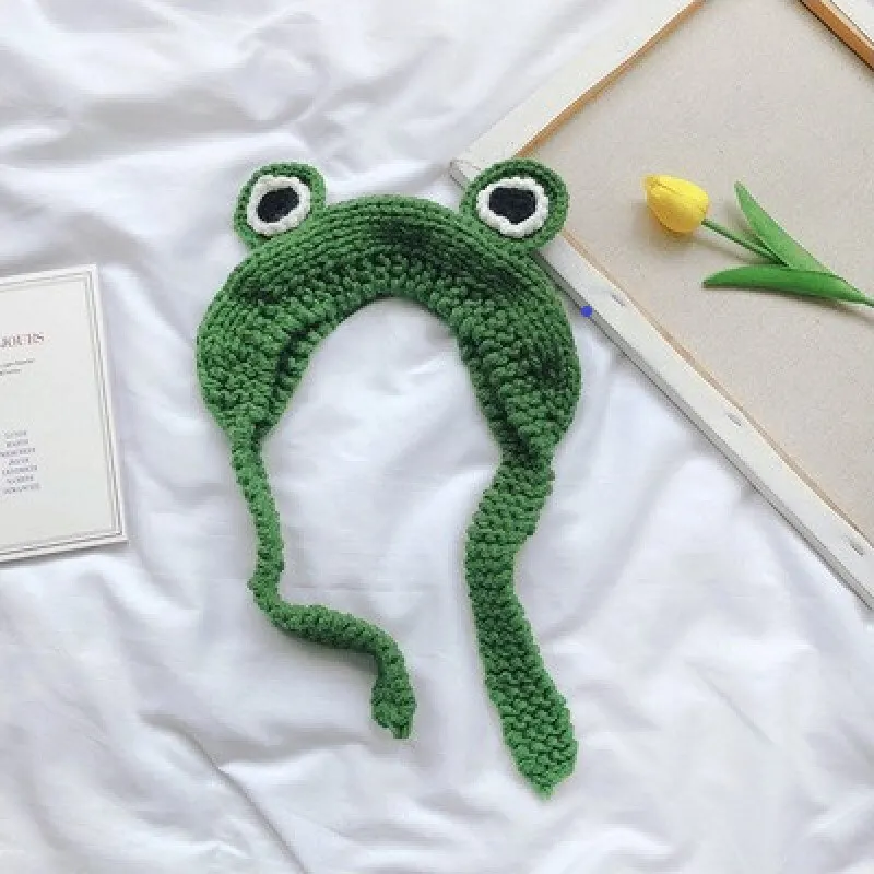 Frog Headband Handmade Wool Knitted Hat Winter Warm Sweet Cute Ear Hat For Women