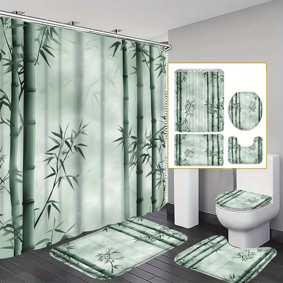 

4pc Fresh bamboo pattern bathroom set, including shower curtain, non-slip mat, U-shaped mat, and toilet seat cover.