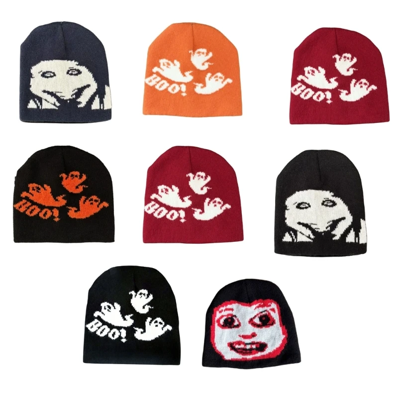 652F Halloween Knit Brimless Jacquard Devil Pattern Stretchy Hat for Theme Event