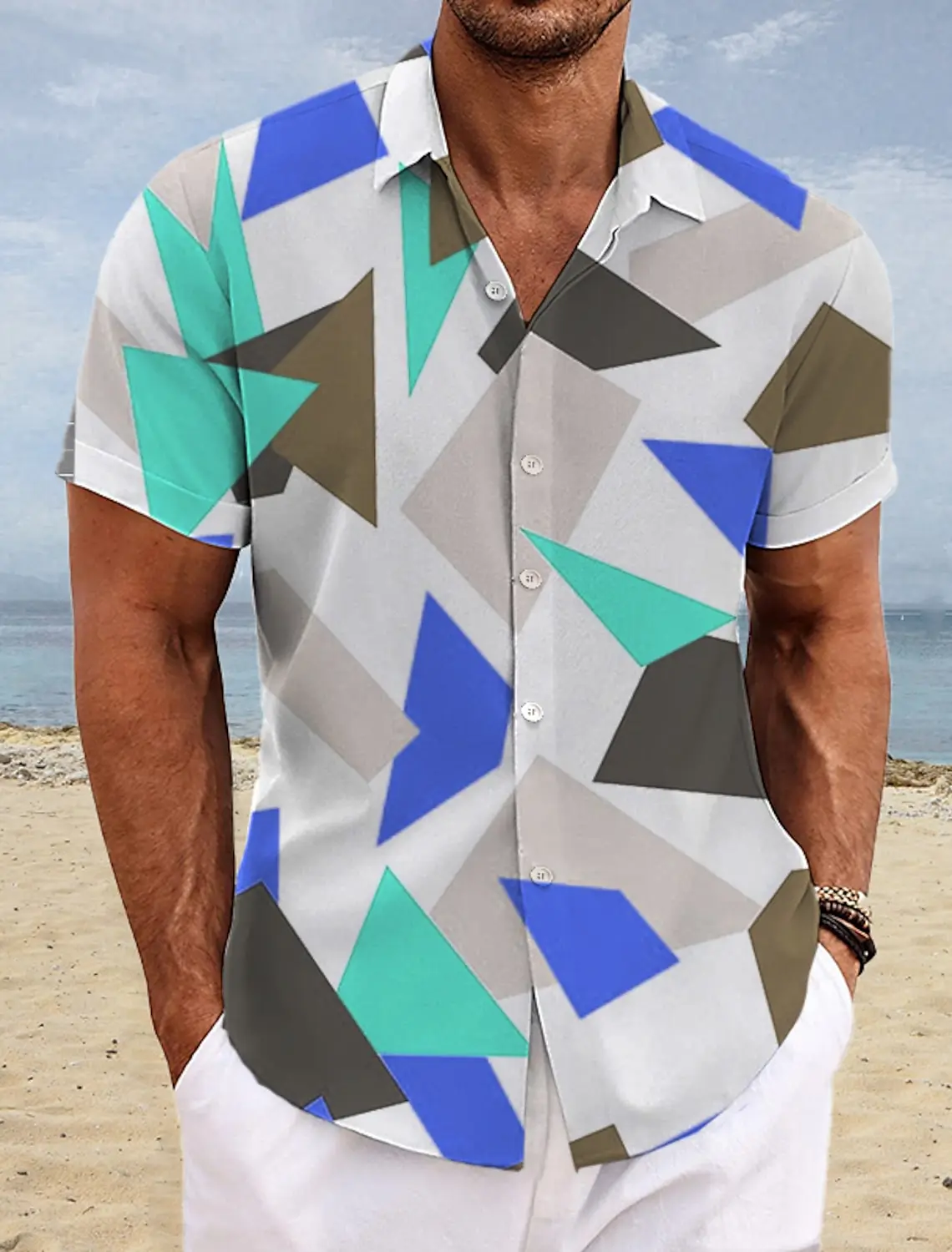 Chemise de plage à motif géométrique hawaïen pour hommes, imprimé nickel é hawaïen, manches courtes, décontractée, été