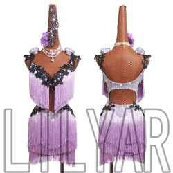 New Latin Dance Competition Performance Dress for Children and Adult Women Light Purple Fringe Black Embroidered Dance Skirt