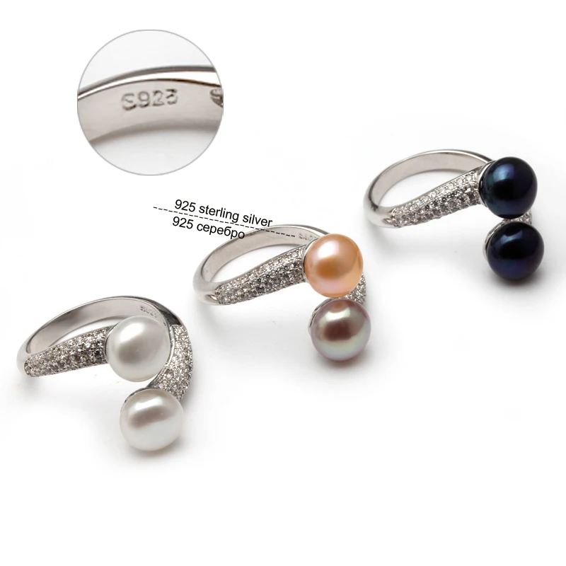 YouNoble Natural Cultured Sterling Silver Pearl Ring Women,White Double Adjustable Ring With Pearl Wife Mother Birthday Gift