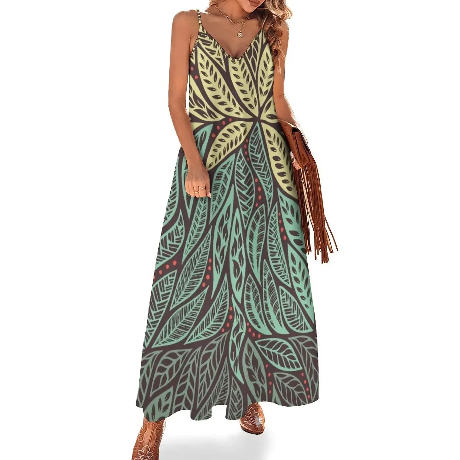 

Hand-drawn Polynesian Tribal Tattoo Green and Yellow Floral Retro Design Sleeveless Dress summer dress woman 2024 Dress