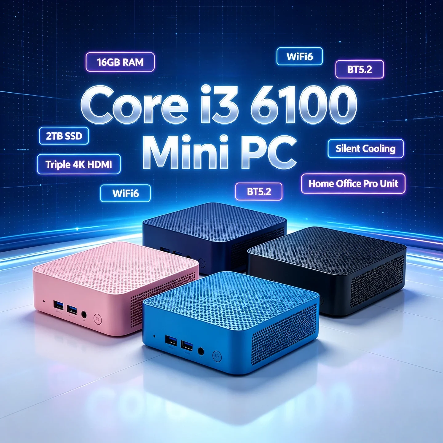 Mini PC Intel Core i3 6100 16GB RAM 2TB M.2 NVMe SSD Triple 4K Display WiFi6 BT5.2 High Performance Home Office Pro Max Unit