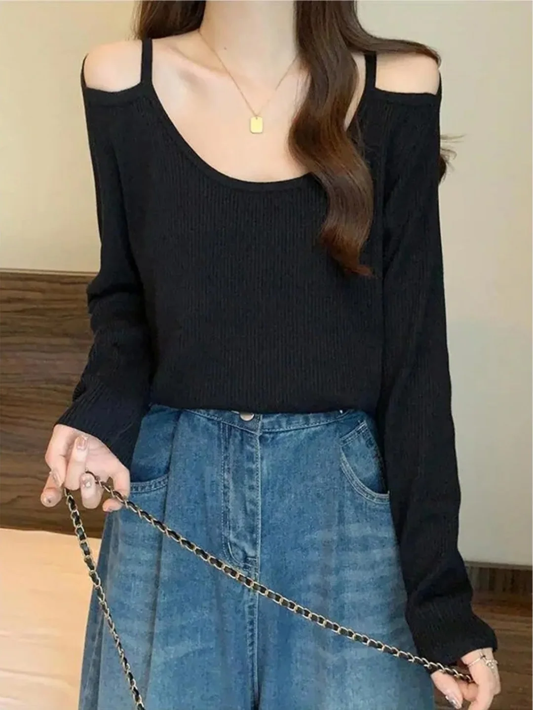 Design Sensation Shoulder Bared Knitted Long Sleeve T Shirt Extra Large Size 300 Pounds Elegant Slimming Versatile Casual Bas...