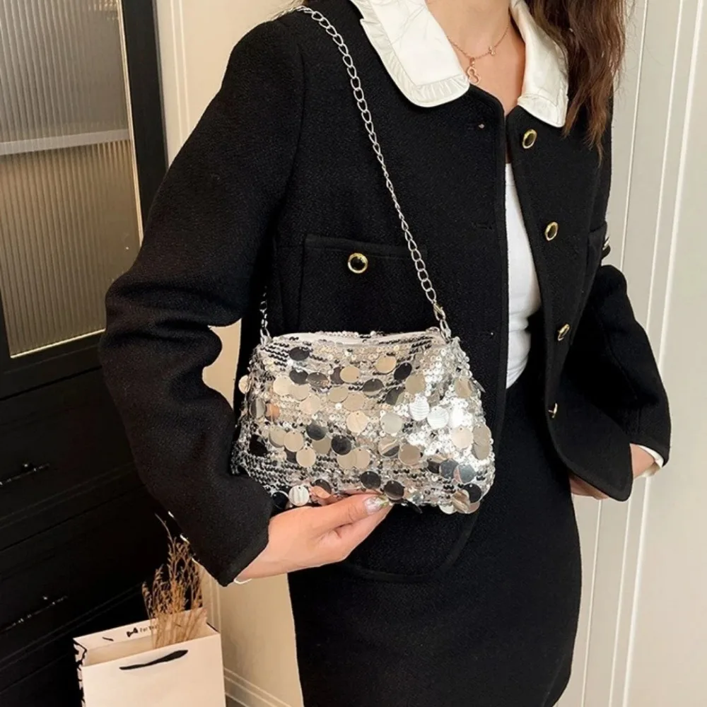 Casual Sequin Shoulder Bag Lightweight Large Capacity Chain Crossbody Bag Solid Color Female Handbag For Evening Party