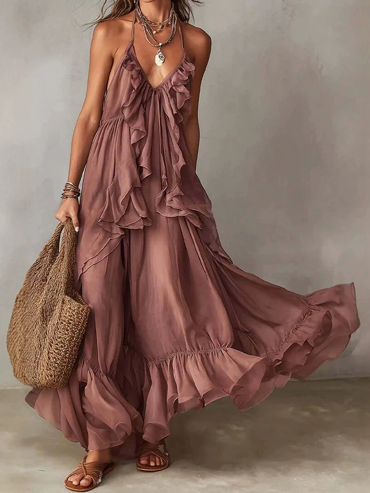 Halter Backless Summer Elegant Party Dress Women Sleeveless Ruffles Patchwork Maxi Dress Chic Solid Holiday Fashion Ladies Dress