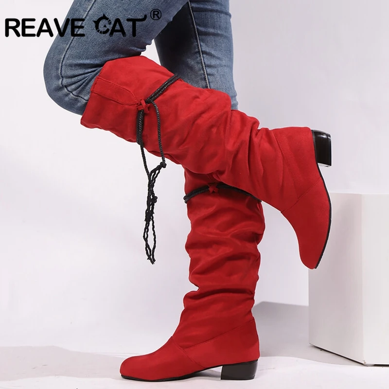 

REAVECAT 2024 Women Knee Boots 3cm Heel Pleated Round Toe Flock Suede Black Red Apricot Big Size 44 45 46 47