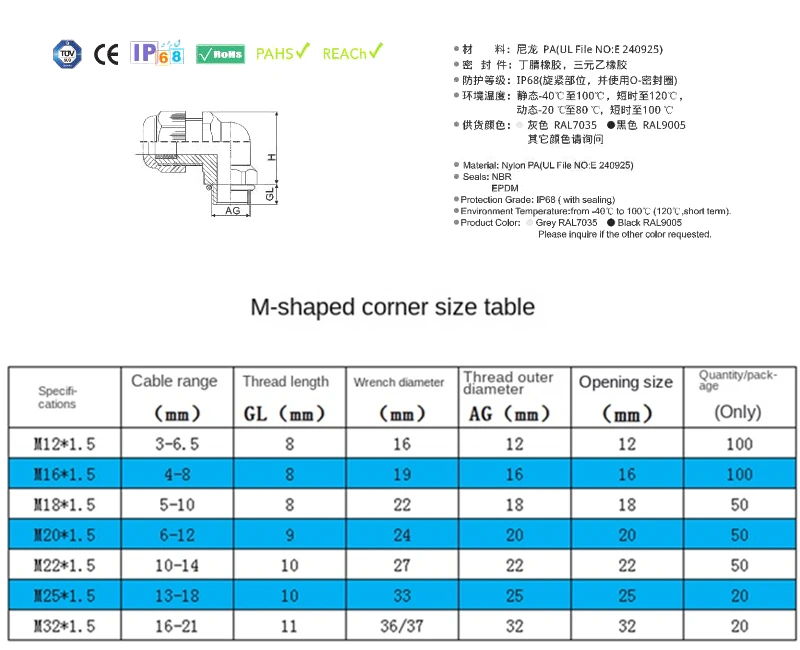 M12/m16/m20/m25 Nylon Waterproof 90 Degrees Cable Glandcs  Wire Fitting Plastic Range Cable Entry