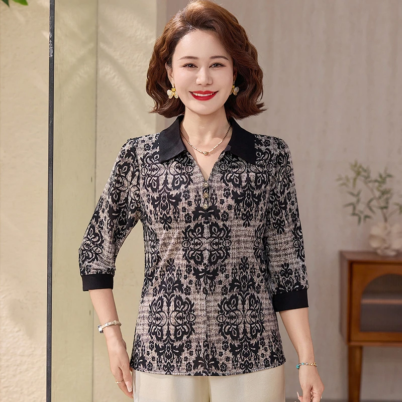 

Ladies Ice Silk Shirt Summer Mommy Style Turn-down Collar Floral Milk Silk Top Middle-aged Pullover top
