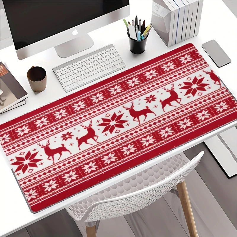 

Large gaming mousepad with a red and white reindeer and snowflake design and an anti-slip rubber is suitable for office work