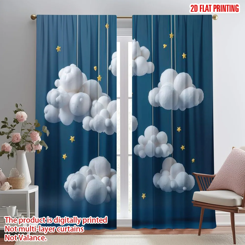 

2D flat printing 2pcs Curtain Hanging Clouds and Stars Digital Printed Polyester Drapes All Season Party & Holiday Decor Perfect
