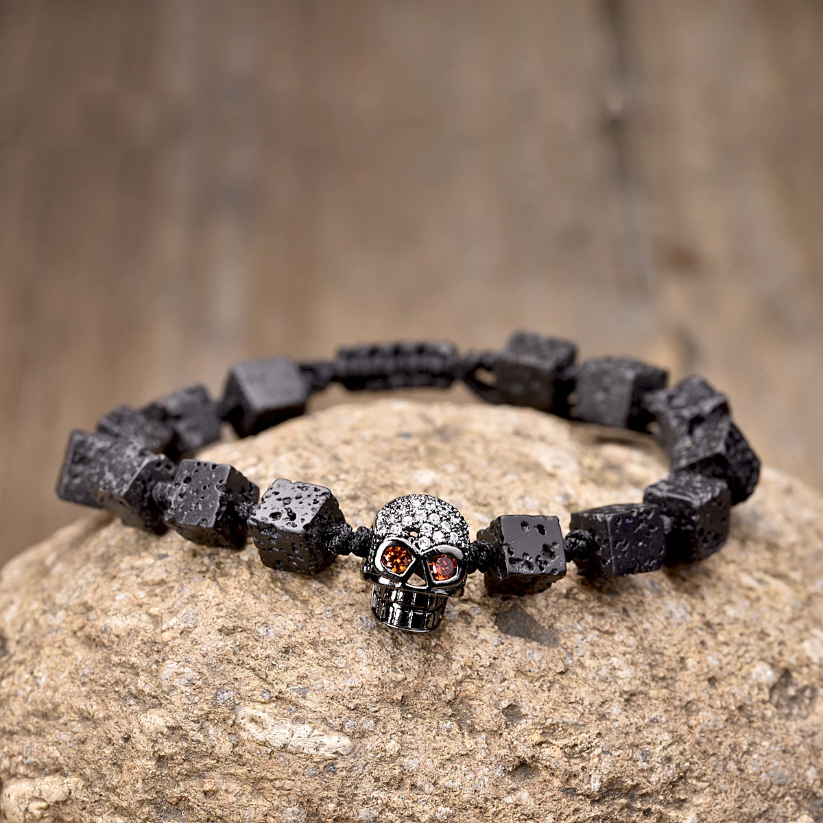 Halloween Black CZ Skull Natural 8MM Lava Cube Beads Braided Bracelets for Men Women