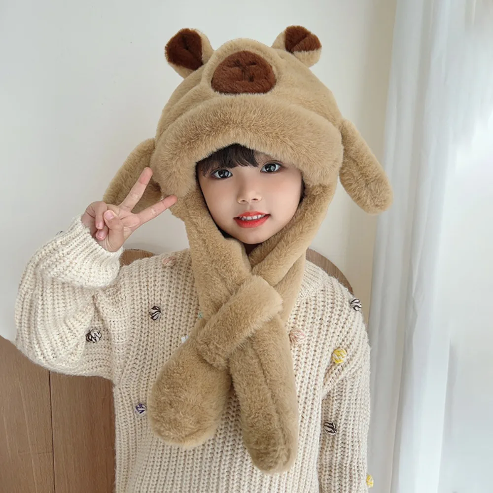 

Cute Capybara 's Hooded Scarf Windproof Soft Neck Warmers Thickened Plush Animal Ears Hat for Girls Outdoor