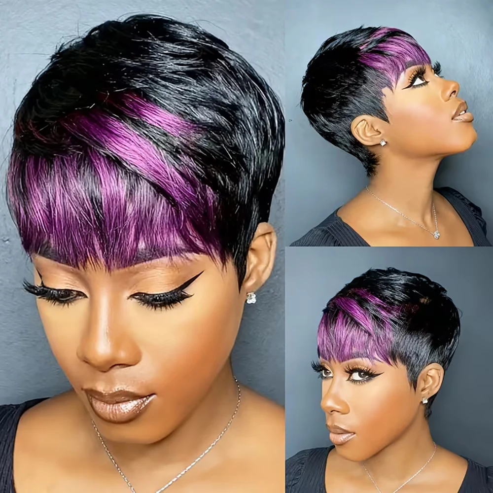 الأرجواني تسليط الضوء على قصة عابث قصيرة شعر مستعار شعر طبيعي مفرود الباروكات مع الانفجارات قبل قطعها للنساء شعر مستعار آلي صنع