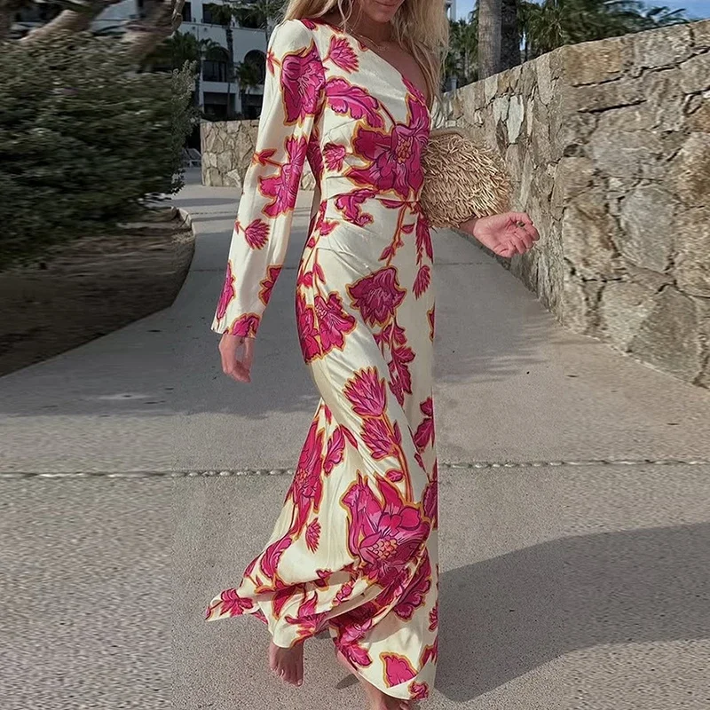 Fashion Floral Printed Holiday Party Dress Women Elegant High Waist Long Dress Sexy One Shoulder Long Sleeve Bohemian Dress