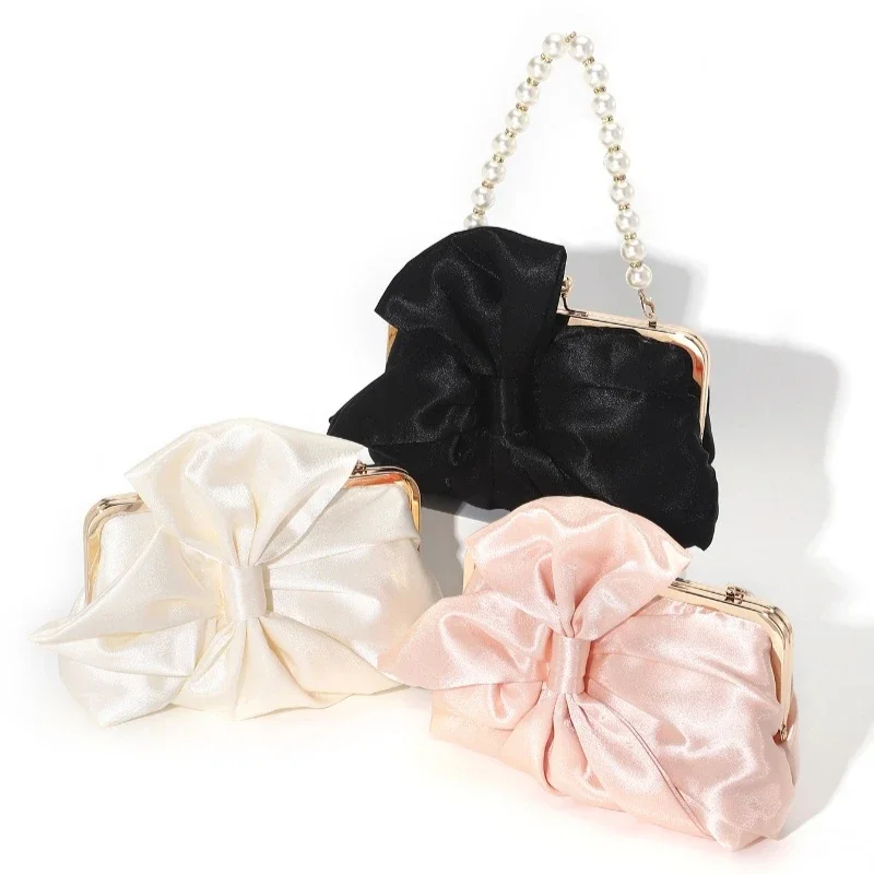 French Sweet Pink Handbags Retro Chinese Style BowKnot Color Silk Satin Evening Bags Elegant Pearl Handle Women's Wedding Bag