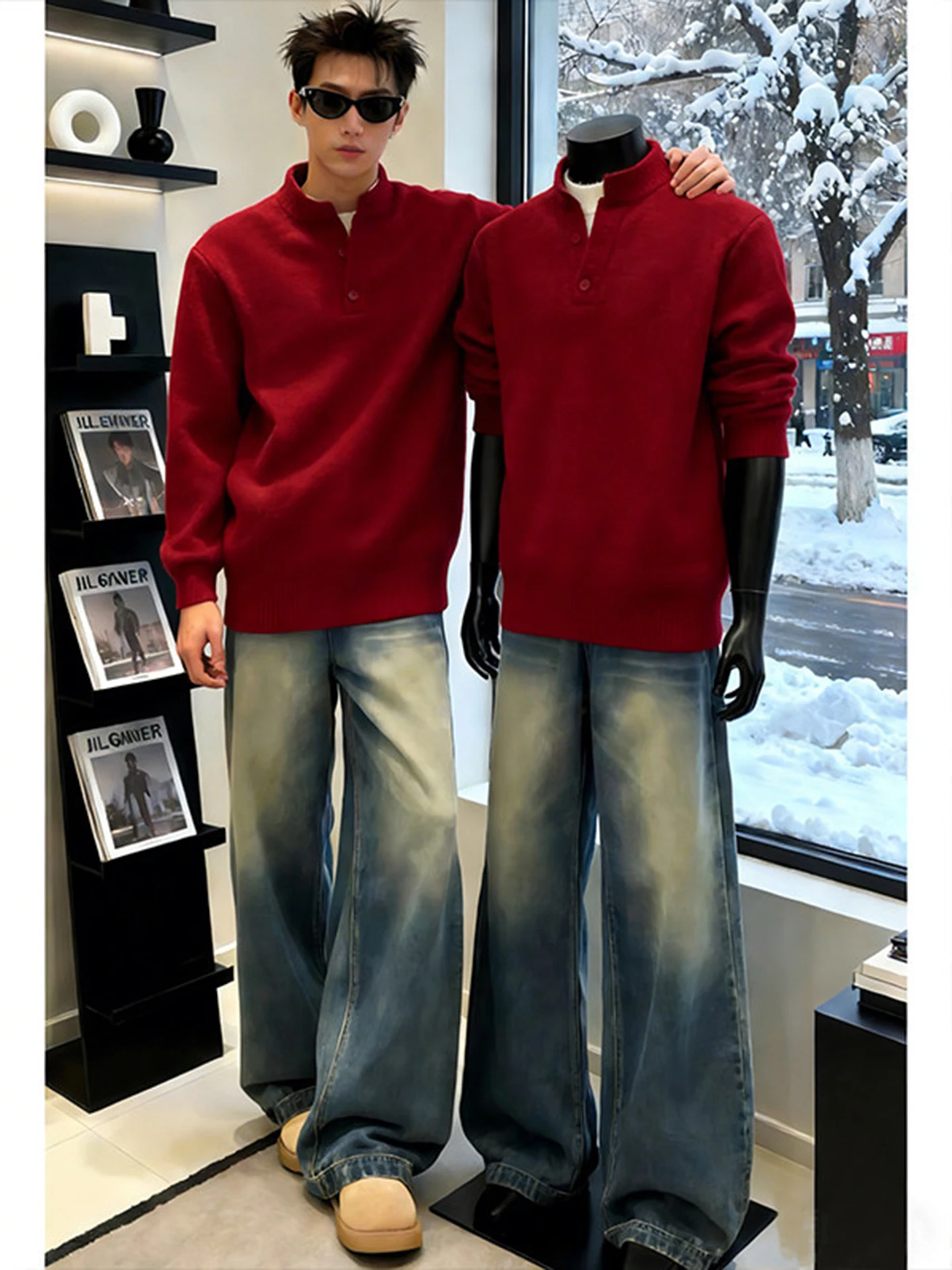 

Red Thiened Fce Lined Henry Collar Knitwear Fake Two-Piece Men's Winter Sweater Couple Inner Wear Base irt Luy Year