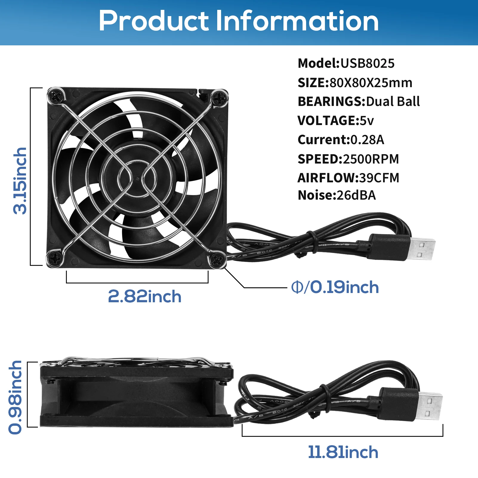 2pcs 80mm DC 5V USB Fan - Perfect for Computer and Router Cooling with Dual Ball Bearings and Strong Airflow 80X80X25mm