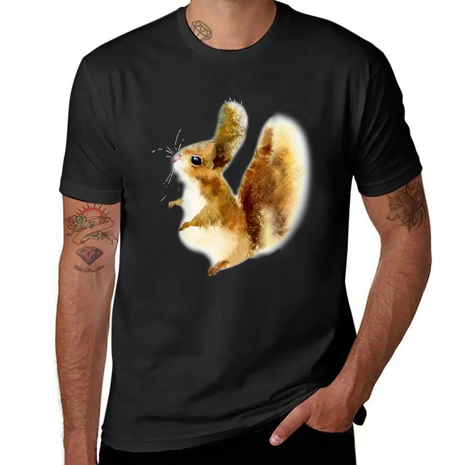 squirrel-watercolor portrait animals T-shirt shirts graphic tees cute tops fruit of the loom mens t shirts