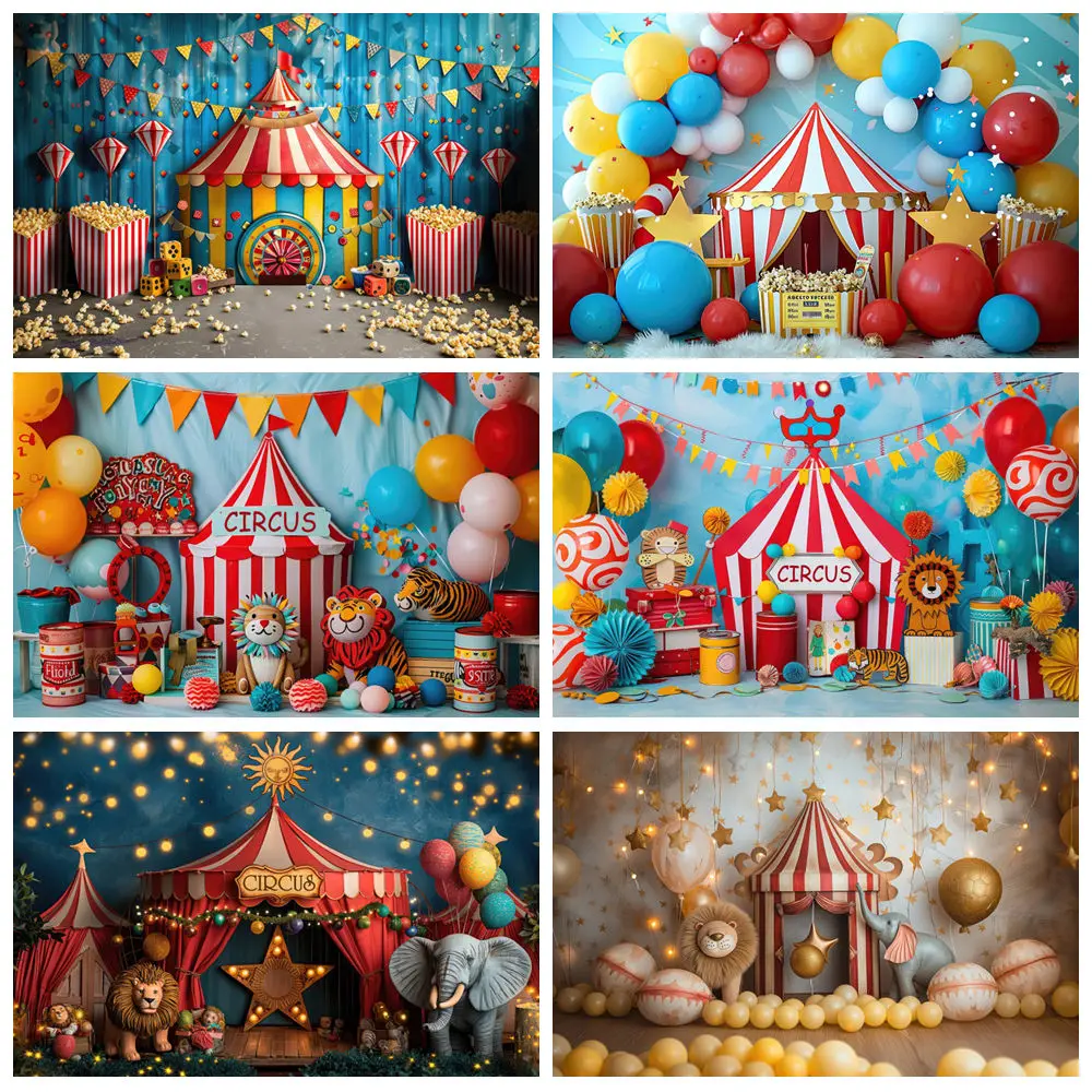 Zirkus-Themen-Hintergrund für Fotografie, Zelt, Luftballons, Tiere, Elefant, Baby, 1. Geburtstag, Party, Babyparty, Fotohintergrund, Banner