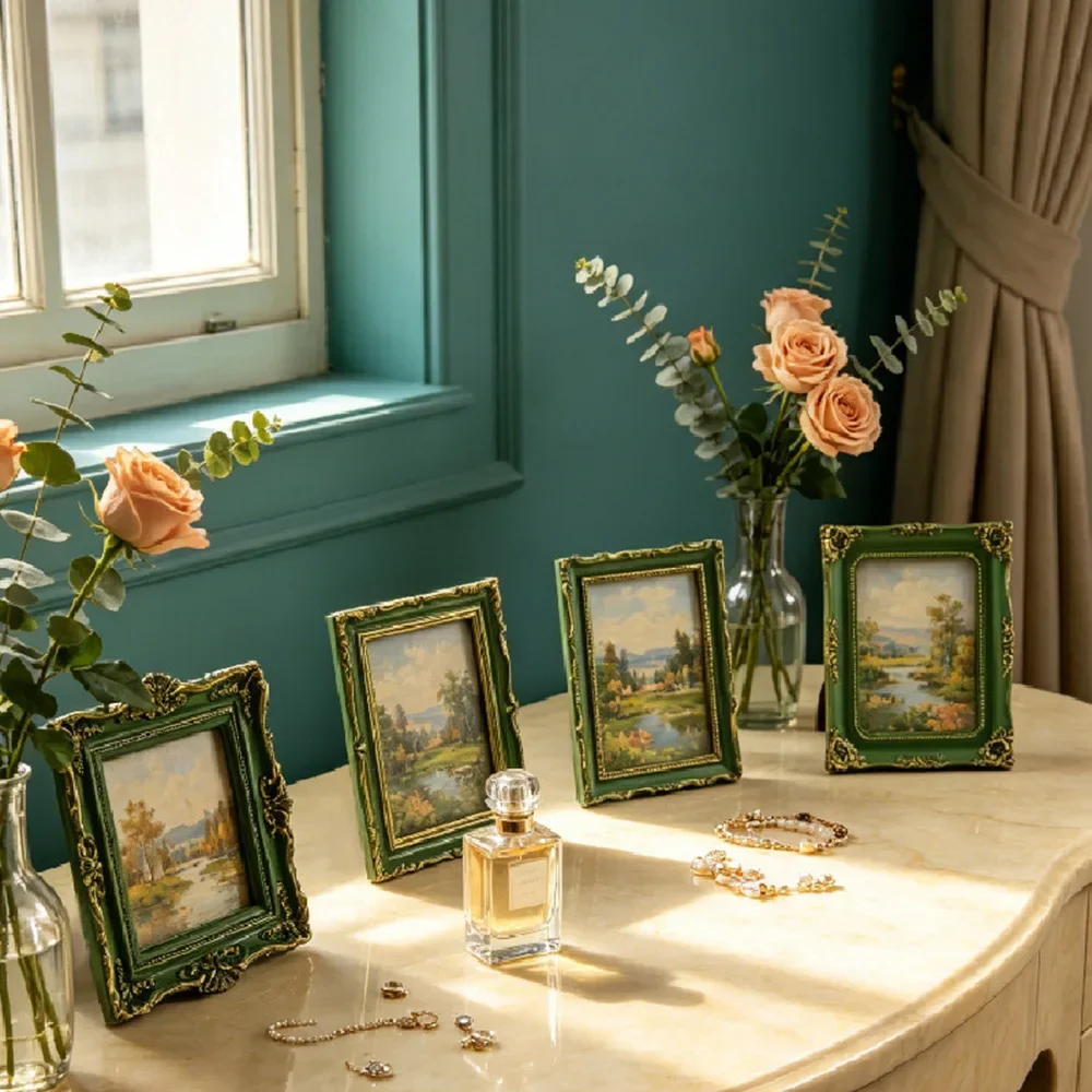 Photo Frame 8Pcs Green Baroque Style Resin Mini Picture Frame Retro Exquisite Display Holder Tabletop Wall Decor