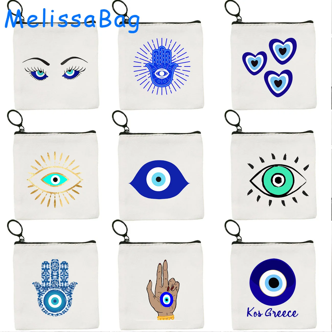 Greek Turkish Colorful Nazar Blue Evil Eye Hamsa Hand Girl Amulet GREECE Canvas Bag Coin Purse Key Case Bag Wallet Zipper Pouch