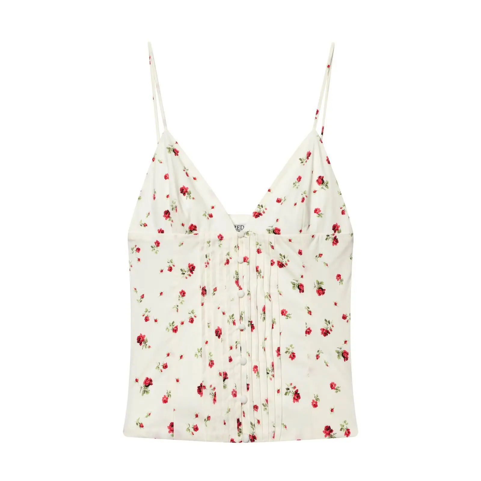 Women's Casual Fashion Pleated Camisole Top Pure Desire Red Rose Print V Neck Top With Button Sleeveless Strap For Women WIV9