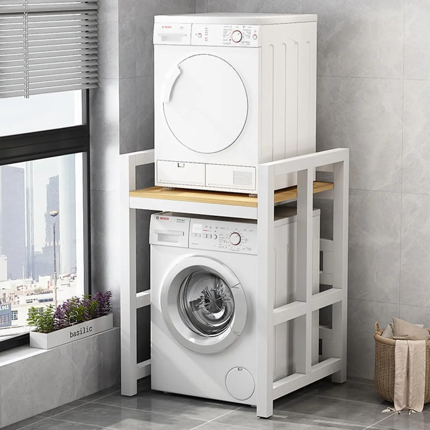Stackable Washer Dryer Standing Rack Shelf, Steel Washer Dryer Machine Stacking Rack Stand Wooden Washing Machine Shelf Heavy Du
