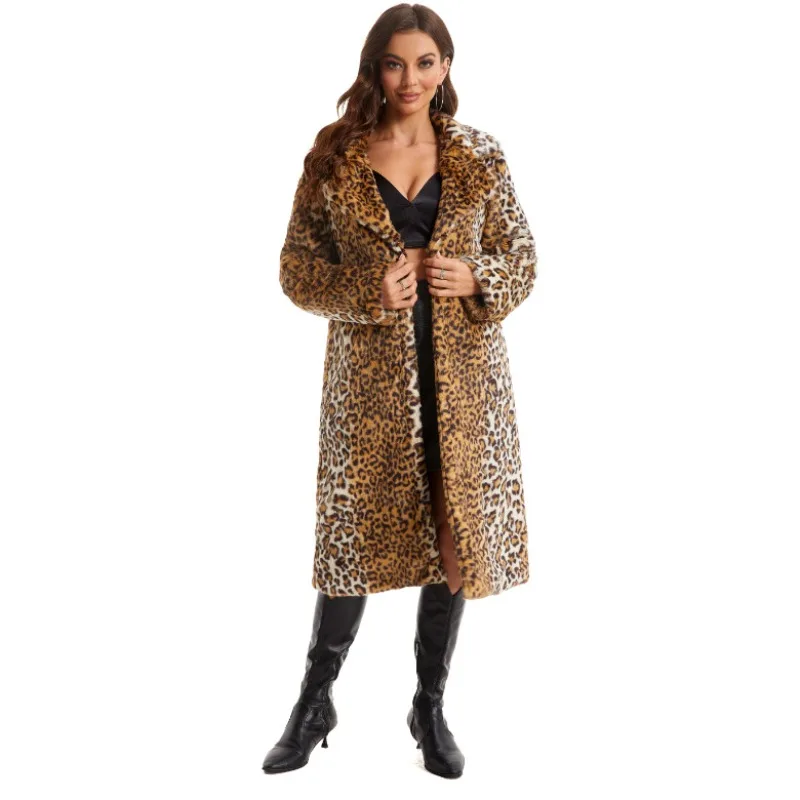 Leopard Faux Fur Thick Warm Rabbit Fur Plus Size Long Faux Fur Women's Coat - view 3