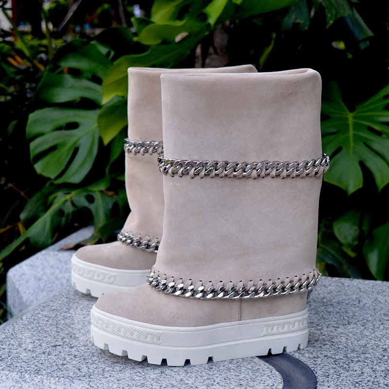 10 Cm Inner Height Increase Chain Medium Tube Platform Bottom Large Size Women's Shoes Solid Color Winter Boots