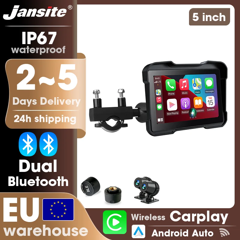 Jansite 5 Zoll Motorrad 1080P DVR Moto CarPlay Android Auto Moto TPMS Navigation GPS IP67 Wasserdichter Bildschirm