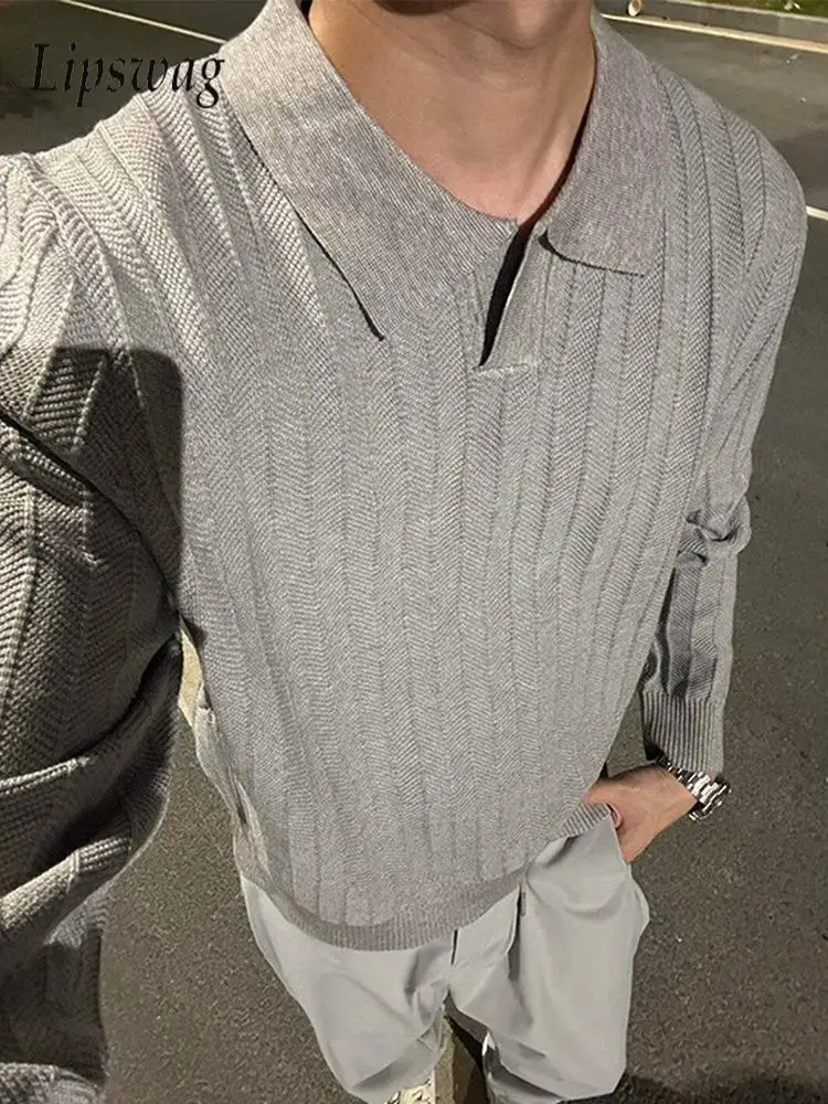 

2026 Spring Autumn Casual Knit Polo Shirts Men Long Sleeve Button-up Polo Neck Sweaters Vintage Solid Color Mens Knitted Jumpers