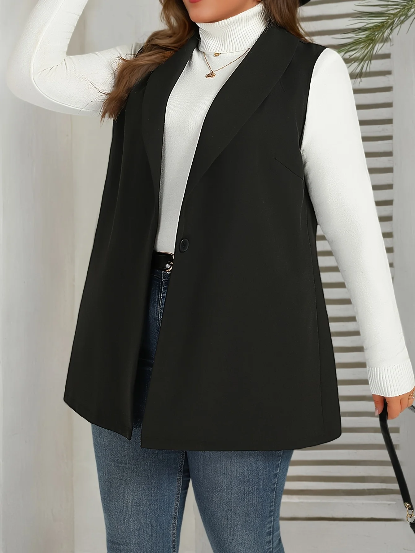 Chaleco negro sin mangas con solapa de talla grande para mujer - Conjunto casual chic