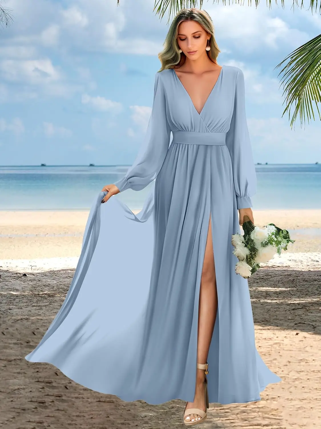 Abiti da damigella d'onore a maniche lunghe con abiti da festa di nozze pieghettati con spacco Abito da sera lungo in chiffon con scollo a V