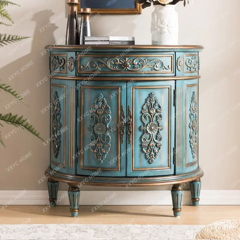 solid wood retro semicircular entrance cabinet painted light luxury living room decorative cabinet