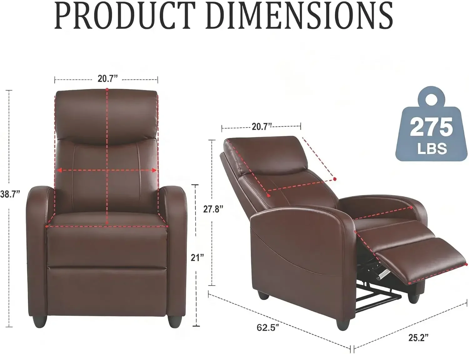 Brown Push Back Adjustable PU Leather Recliner Chair Single Home Theater Living Room Bedroom Plush Reading Luxe Sofa Chair