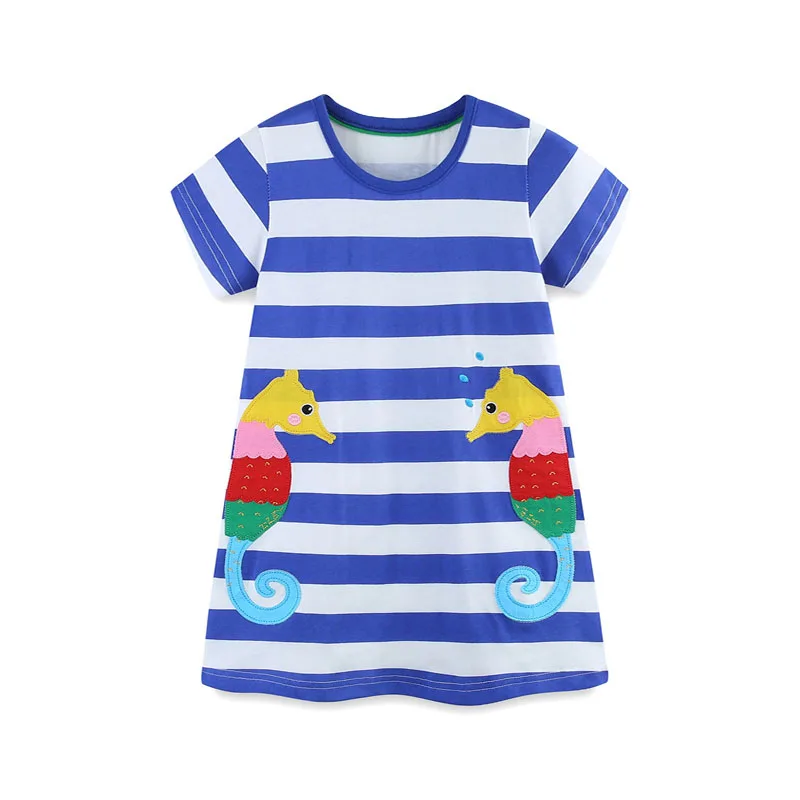 

Jumping Meters 2-7T Summer Girls Dresses Hippocampus Embroidery Short Sleeve Party Striped Clothes Toddler Frocks Costume