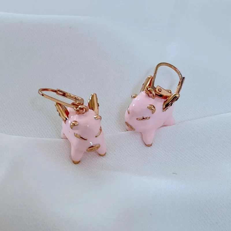 Cute Sweet Mini Funny Hand Drawn Enamel Pink Flying Pig Hero, French Academy Style Female Best Friend Sweet Earrings Necklace