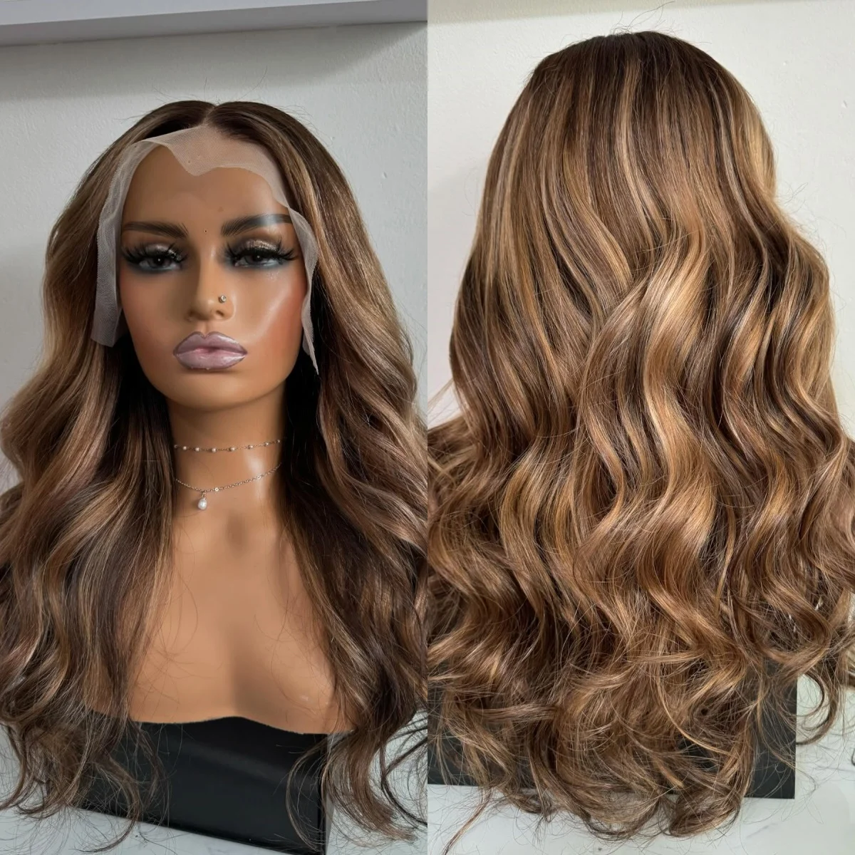 

Выделите Ombre Темно-коричневый парик Объемная волна Синтетический кружевной фронтальный парик Предварительно выщипанная линия волос Микс Блондинка Средняя часть 13X4 HD Парики