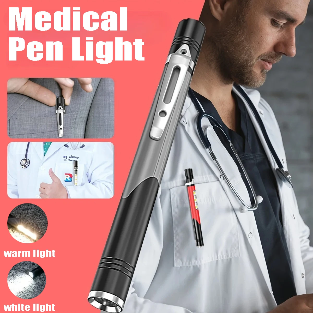 

Портативный мини-медицинский фонарик-ручка Type-C, перезаряжаемый светодиодный фонарик с зажимом COB, двойной светильник, домашнее освещение, фонарь для врачей и чеков