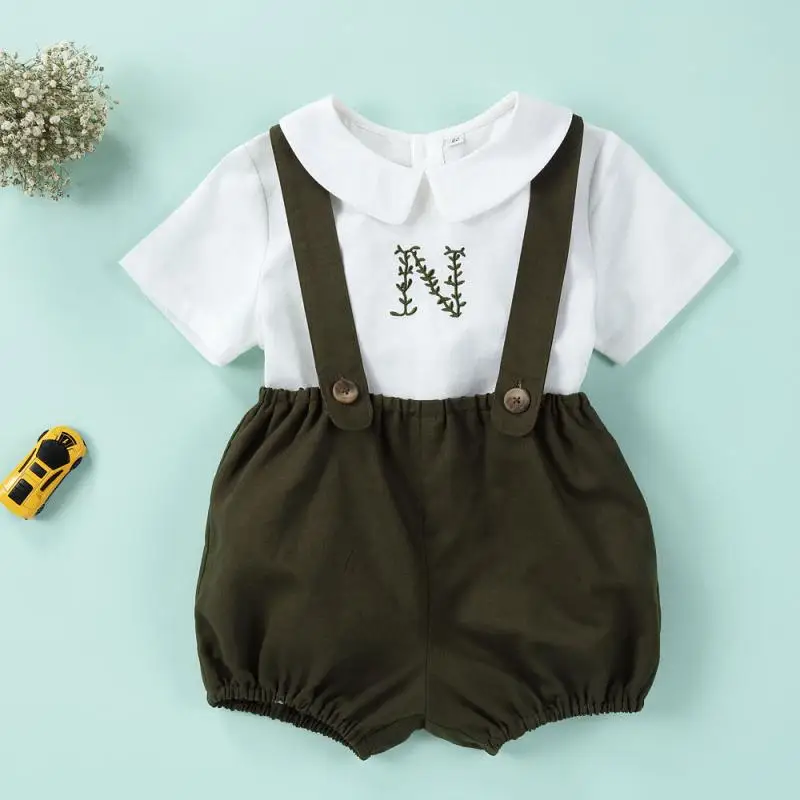 Baby Boy Boutique Clothes Set Children White Embroidered Shirt Suspender Shorts Outfit Toddler Spanish Clothing Peter Pan Collar