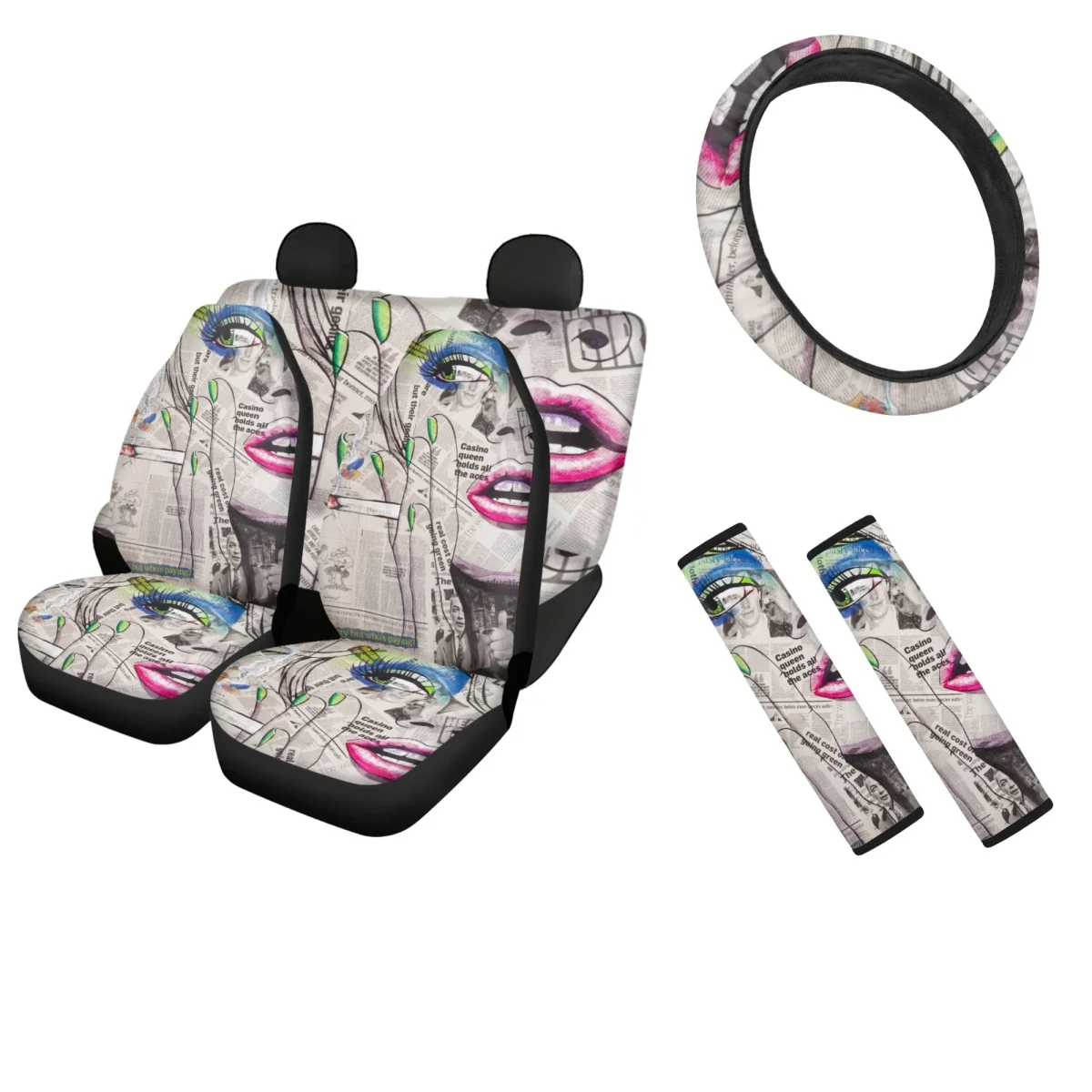 

Front/Rear Car Seat Covers Newsprint Art Design Fashion Soft Steering Wheel Cover for Women Mens Autos Seatbelt Shoulder Strap